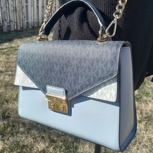 Michael Kors Navy Blue Color Block Logo Sloan Medium Top Handle Satchel
